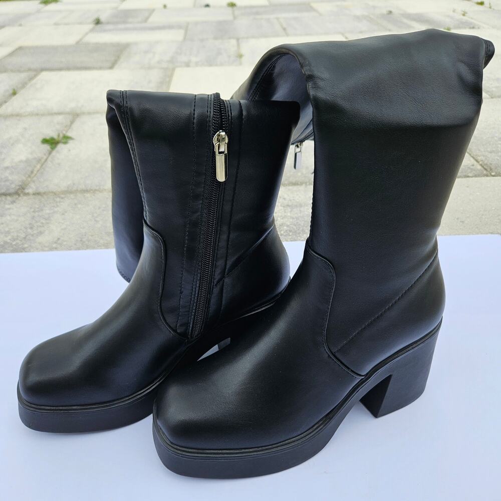 G.C. Shoes Black Knee High Platform Boots Square Toe Size 38